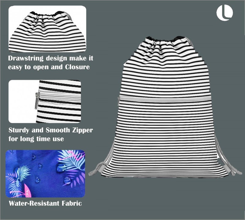 Lify Drawstring Backpack Water Resistant String Bag Sports Sackpack Gym Sack with Side Pocket for Men Women - 1Piece (Black and White Stripes) - Image 4