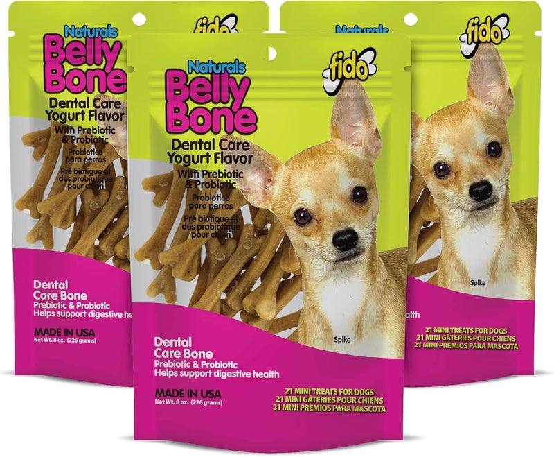 Fido - Belly Bones for Dogs, Yogurt Flavored Mini Dog Dental Treats - 21 Treats Per Pack, 3 Pack - for Small Dogs, Made in USA, Plaque & Tartar Control, Fresh Breath, Digestive Health Support - Image 1