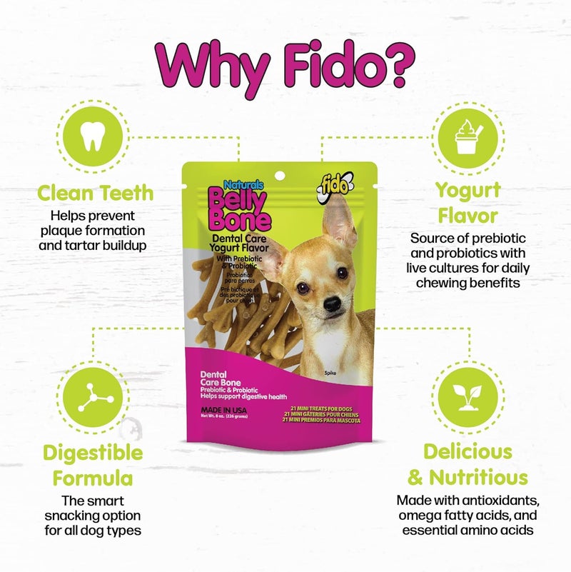 Fido - Belly Bones for Dogs, Yogurt Flavored Mini Dog Dental Treats - 21 Treats Per Pack, 3 Pack - for Small Dogs, Made in USA, Plaque & Tartar Control, Fresh Breath, Digestive Health Support - Image 3