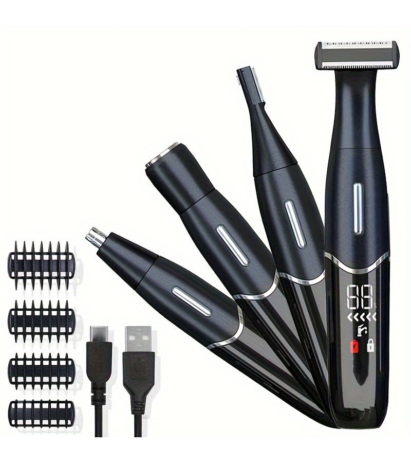 4 In 1 Black Men's Grooming Kit With Electric Epilator Nose Hair Trimmer Eyebrow And Beard Shaver USB Rechargeable Precision Razor Unisex Body Care Tool - Image 1