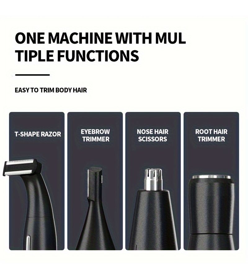 4 In 1 Black Men's Grooming Kit With Electric Epilator Nose Hair Trimmer Eyebrow And Beard Shaver USB Rechargeable Precision Razor Unisex Body Care Tool - Image 4
