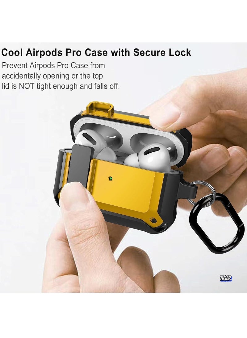 TIGER - Upgraded [Secure Lock] Armor AirPods Pro Case – Durable Shockproof Cover for Apple AirPods Pro, Sleek Wireless Earbuds Case with Keychain Clip for Men & Women (Black/Yellow) - Image 1