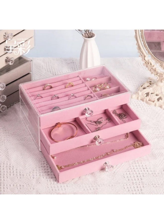 م اكس م منظم مجوهرات أكريليك، صندوق منظم لتخزين مستحضرات التجميل، علبة مجوهرات شفافة مع 3 أدراج، صندوق مجوهرات قابل للتعديل، صواني مخملية بحجم الشبكة (وردي كبير) - Image 1