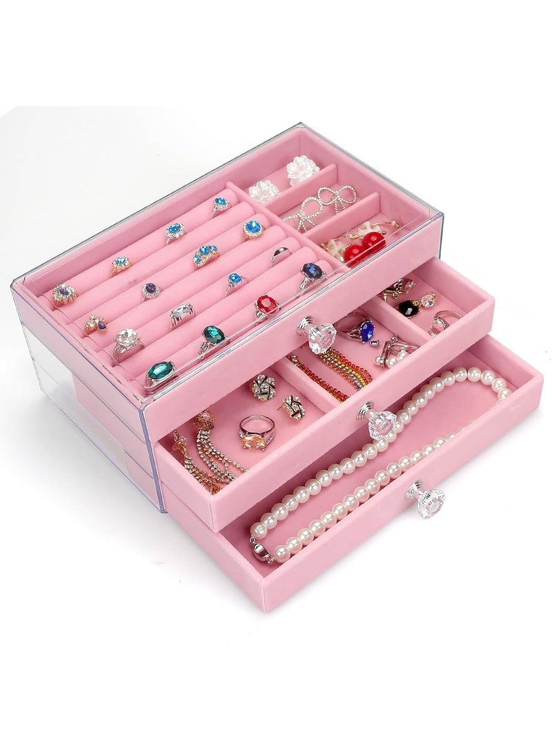 م اكس م منظم مجوهرات أكريليك، صندوق منظم لتخزين مستحضرات التجميل، علبة مجوهرات شفافة مع 3 أدراج، صندوق مجوهرات قابل للتعديل، صواني مخملية بحجم الشبكة (وردي كبير) - Image 4