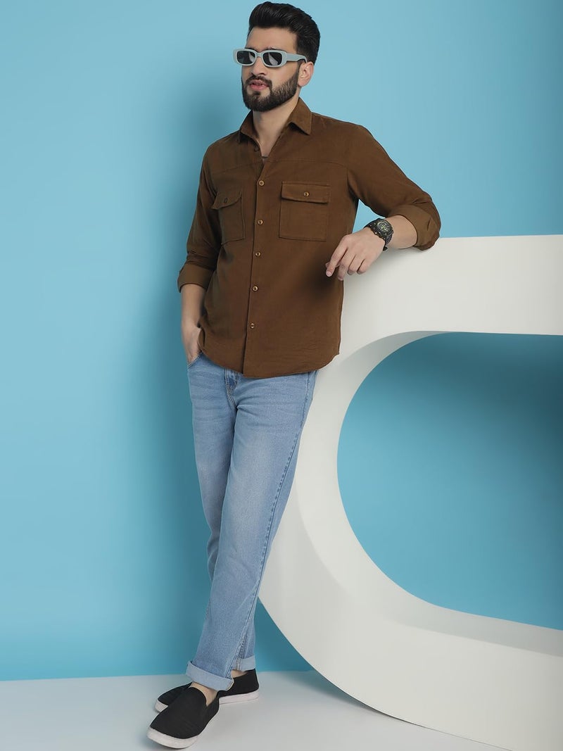 Indian Needle Men's Brown Standard Corduroy Cotton Shirt (Brown, L) - Image 4