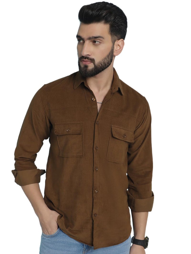 Indian Needle Men's Brown Standard Corduroy Cotton Shirt (Brown, L) - Image 1