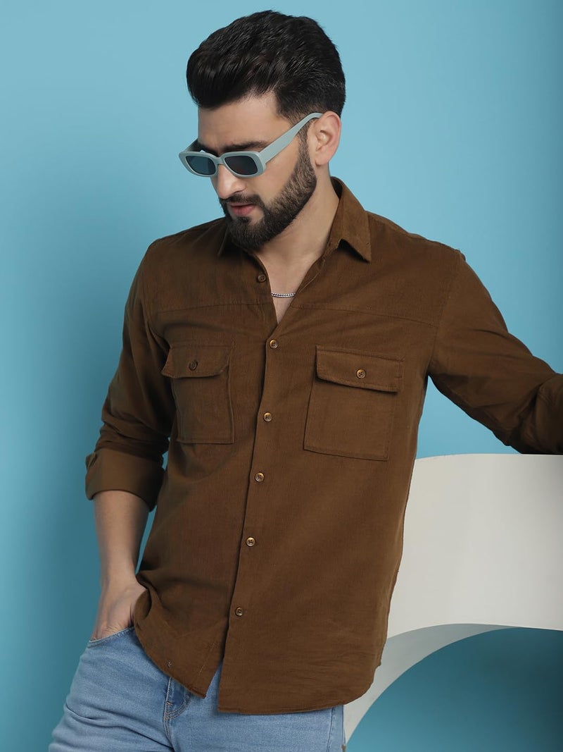 Indian Needle Men's Brown Standard Corduroy Cotton Shirt (Brown, L) - Image 5