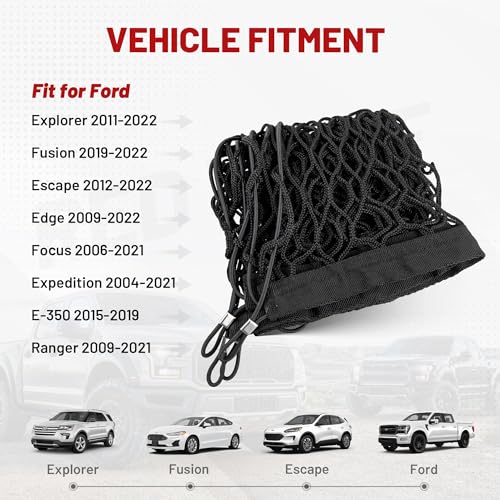 RED WOLF Envelope Style Cargo Net for 2006-2022 Ford Focus Escape Explorer Expedition Ranger Trunk Bed Grocery Net Elastic Mesh Organizer SUV Rear Tailgate Netting 43.3" x 15.7" - Image 3