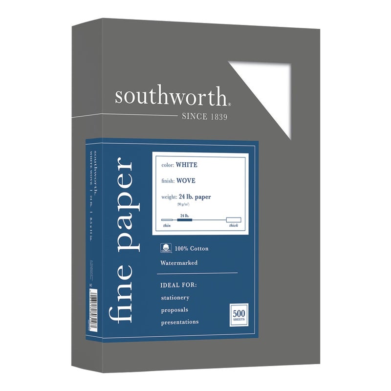 Southworth ورق أعمال 100% قطن من ساوثوورث، 8 1/2" × 11"، 24 رطل، 100% معاد تدويره، أبيض، علبة من 500 - Image 1