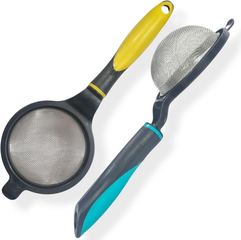 RIANZ ® Pack of 2 Plastic Handle Stainless Steel Mesh Strainer | Extra Fine Food Grade Channi for Tea, Milk, Coffee, Juice & Kitchen Use – Durable & Easy to Clean 8Cm (Multicolor) - Image 1