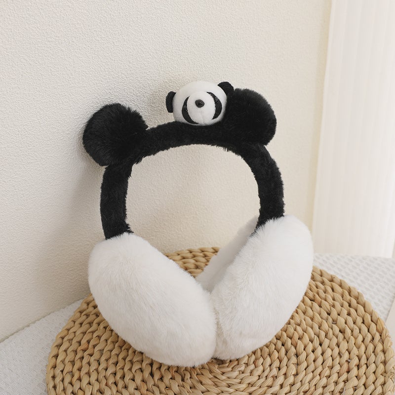 New Boys and Girls Warm Cartoon Earmuffs Winter Cute Three-dimensional Panda Plush Ear Protection Windproof Ear Warm Anti-freezing Black rod [panda folding earmuffs]] 