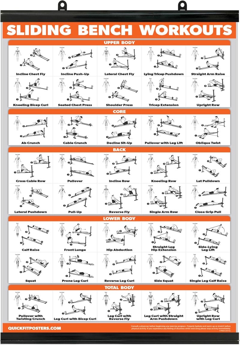 Palace Learning QUICKFIT Sliding Bench Workout Poster - Compatible with Total Gym, Weider Ultimate Body Works - Incline Bench Exercise Chart (Laminated with Plastic Frame, 18" x 24") - Image 1