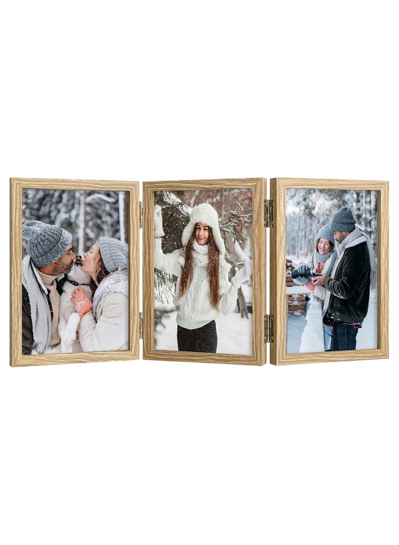NANAO Triple 4x6 Hinged Picture Frame in Beige - Stand on Desktop or Tabletop - Definition Glass - Classic Display for Photos and Memories - Image 1