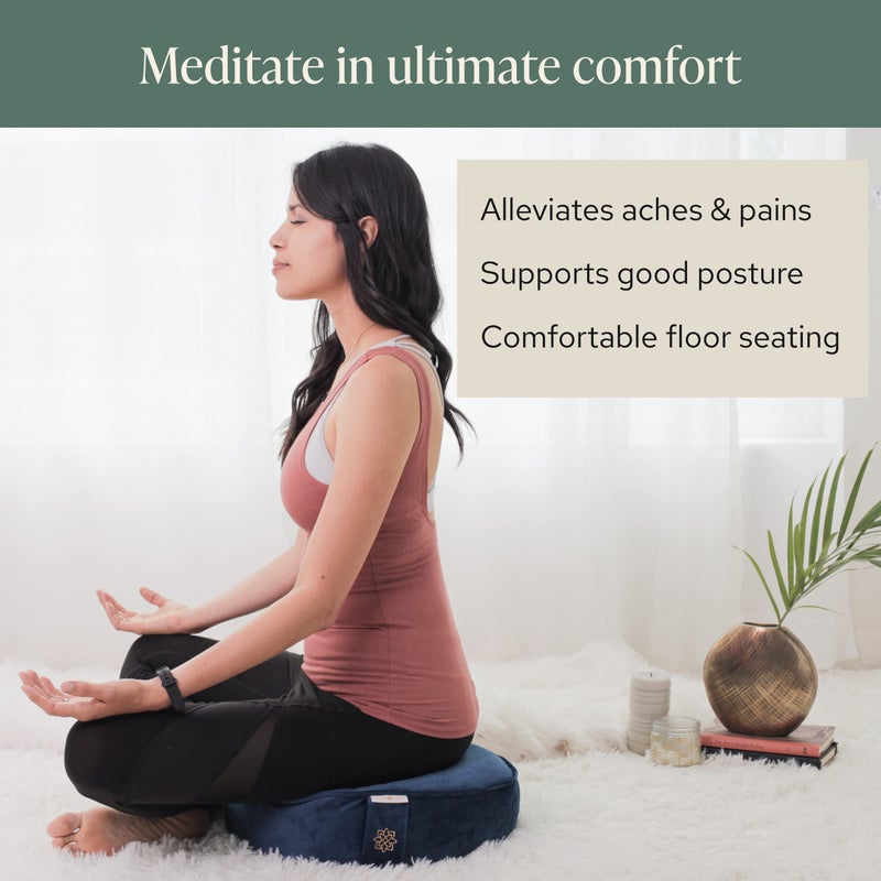 Mindful Modern Velvet Meditation Cushion | Luxe Zafu Yoga Floor Pillow Seat | Posture Support | Buckwheat Hull Filled | Large Round Cushion with Removable Washable Cover + Carry Handle | Color Blue - Image 2