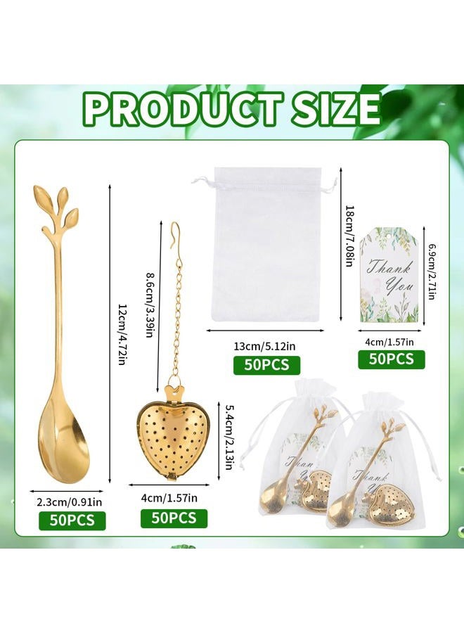 2 MULE TEAM 50 Sets Bridal Shower Tea Party Favor for Heart Shape Infuser Ball for Loose Guest Leaf Tea Spoon with Thank You Card Organza Bag Wedding Favors Tea Party Decorations Elegant Party Favors(Gold) - Image 5