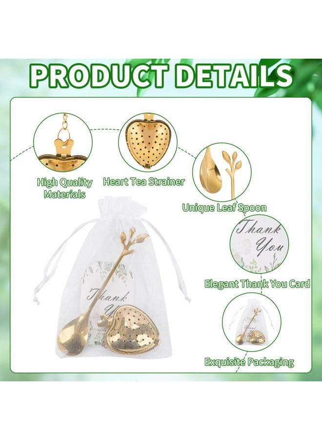 2 MULE TEAM 50 Sets Bridal Shower Tea Party Favor for Heart Shape Infuser Ball for Loose Guest Leaf Tea Spoon with Thank You Card Organza Bag Wedding Favors Tea Party Decorations Elegant Party Favors(Gold) - Image 2