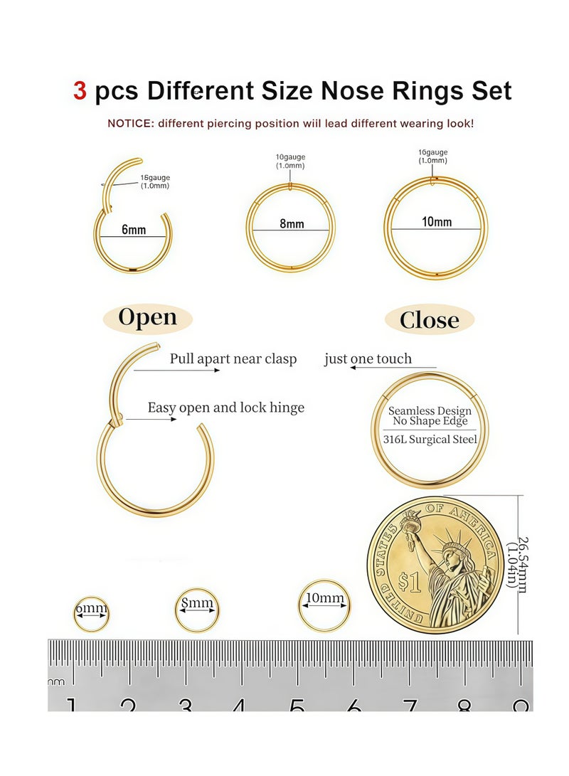 Nose Rings Hoop and Nose Studs Sets for Women Men,Hypoallergenic 316L Surgical Stainless Steel Hinged Clicker Segment Nose Rings Hoop Helix Cartilage Daith Tragus Sleeper Earrings Silver Gold Black L Shape/Corkscrew/Straight Nose Studs Real Body Piercing Jewelry - Image 3