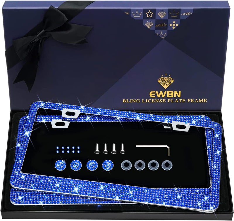EWBN Bling Rhinestone License Plate Frame for Women 2PC, Sparkly License Plate Frames| Stainless Steel Frames & Over 1200 pcs Finest 14 Facets Glass Crystals Premium Diamond (Dark Blue) - Image 1