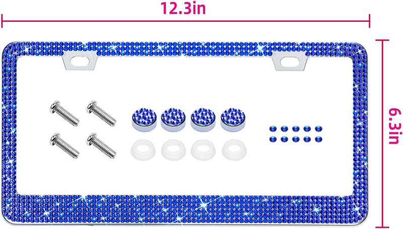 EWBN Bling Rhinestone License Plate Frame for Women 2PC, Sparkly License Plate Frames| Stainless Steel Frames & Over 1200 pcs Finest 14 Facets Glass Crystals Premium Diamond (Dark Blue) - Image 2