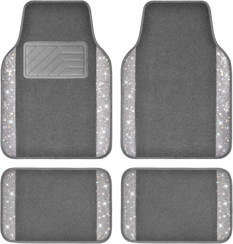 CAR PASS Bling Diamond Car Mats - Sparkly Glitter Floor Mats with Anti-Slip PVC Heel Pad, Universal Fit for SUV, Sedan, Van - 4pcs, Gray - Image 1