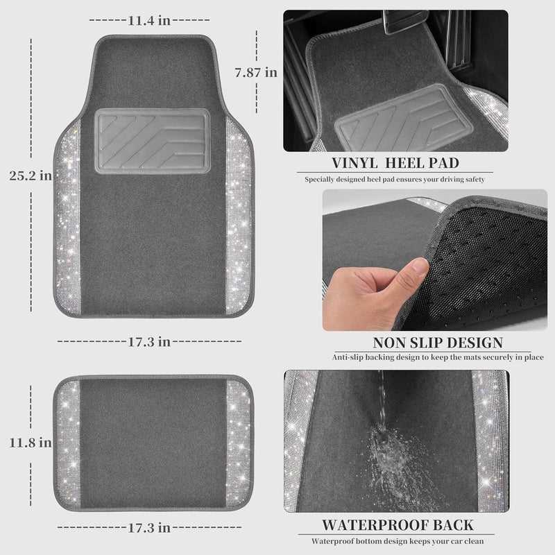 CAR PASS Bling Diamond Car Mats - Sparkly Glitter Floor Mats with Anti-Slip PVC Heel Pad, Universal Fit for SUV, Sedan, Van - 4pcs, Gray - Image 5