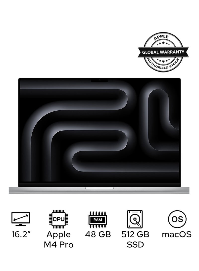 ابل  ماك بوك برو MX2U3 بشاشة 16.2 بوصة، معالج M4 Pro رباعي النواة، معالج رسوميات عشرين النواة | ذاكرة وصول عشوائي 48 جيجابايت | قرص صلب SSD بسعة 512 جيجابايت | نظام macOS | اللغة الإنجليزية/العربية | فضي الإنجليزية/العربية - Image 1