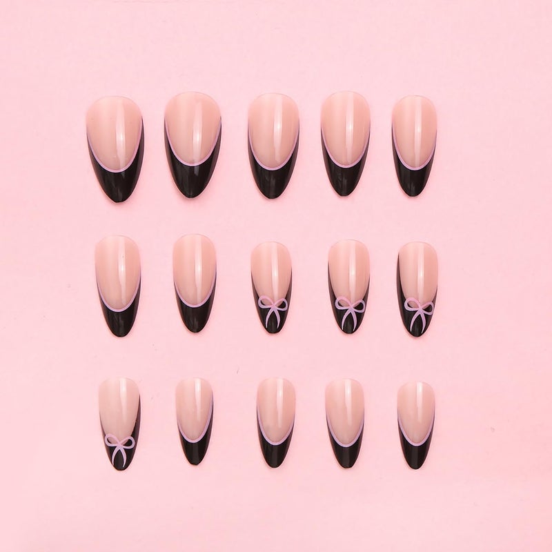 MABKJLF Press on Nails Medium Almond MABKJLF Black French Tip Fake Nails with Pink Bow Designs False Nails Full Cover Glossy Glue on Nails Lovely Acrylic Nails Artificial Nails for Women Girls 24 Pcs - Image 5