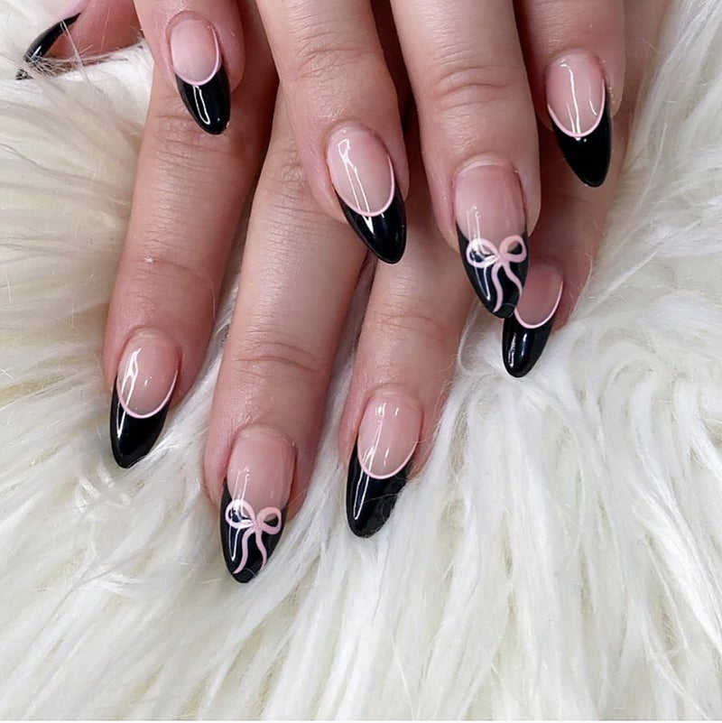 MABKJLF Press on Nails Medium Almond MABKJLF Black French Tip Fake Nails with Pink Bow Designs False Nails Full Cover Glossy Glue on Nails Lovely Acrylic Nails Artificial Nails for Women Girls 24 Pcs - Image 1