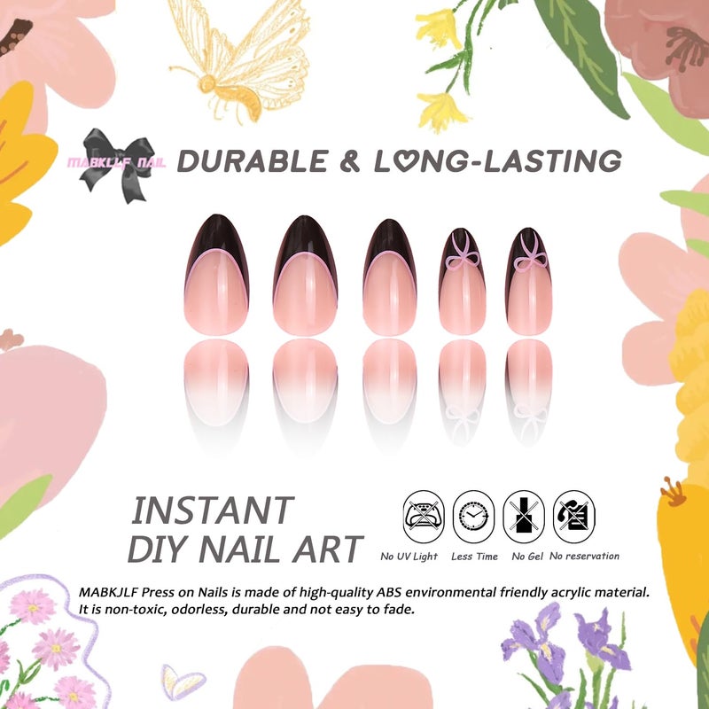 MABKJLF Press on Nails Medium Almond MABKJLF Black French Tip Fake Nails with Pink Bow Designs False Nails Full Cover Glossy Glue on Nails Lovely Acrylic Nails Artificial Nails for Women Girls 24 Pcs - Image 2