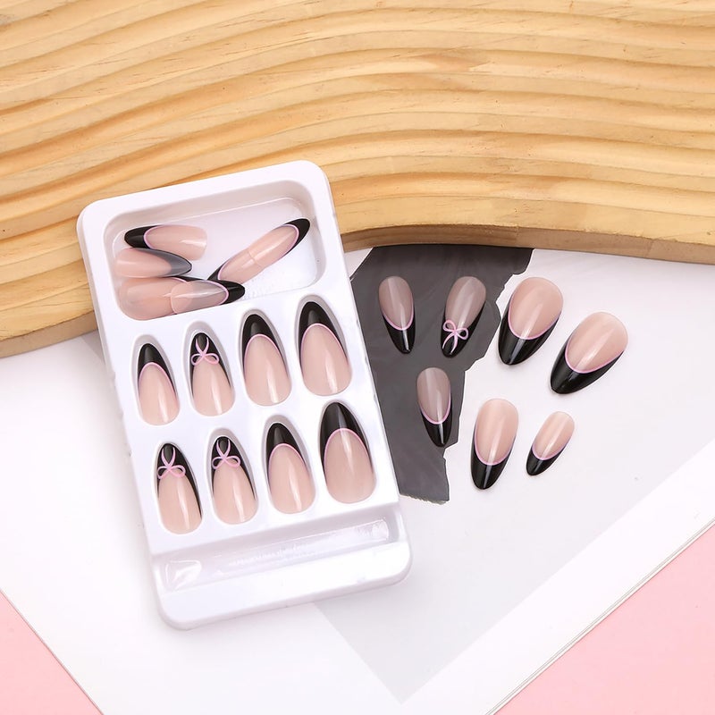 MABKJLF Press on Nails Medium Almond MABKJLF Black French Tip Fake Nails with Pink Bow Designs False Nails Full Cover Glossy Glue on Nails Lovely Acrylic Nails Artificial Nails for Women Girls 24 Pcs - Image 4