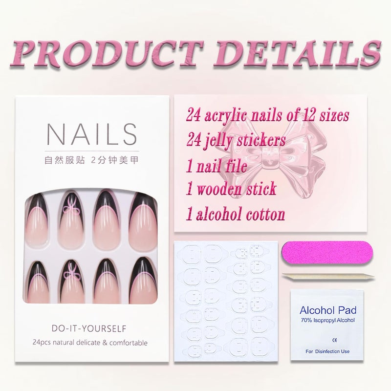 MABKJLF Press on Nails Medium Almond MABKJLF Black French Tip Fake Nails with Pink Bow Designs False Nails Full Cover Glossy Glue on Nails Lovely Acrylic Nails Artificial Nails for Women Girls 24 Pcs - Image 3