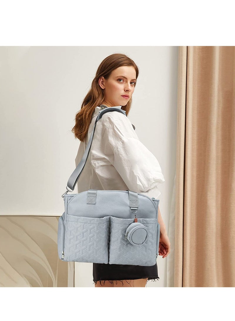 Multifunctional Baby Changing Bag, Large Capacity Waterproof Tote Satchel Messenger Bag Portable Travel Diaper with Pacifier Light Blue - Image 2