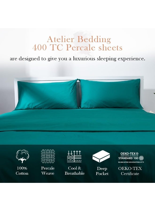 Atelier 100% Cotton King Sheet Set | Percale Weave | 400 Thread Count | 4 Piece Sheet Set | Cool Crisp Breathable | Moisture Wicking | Hotel Quality | Aegean Green - Image 3