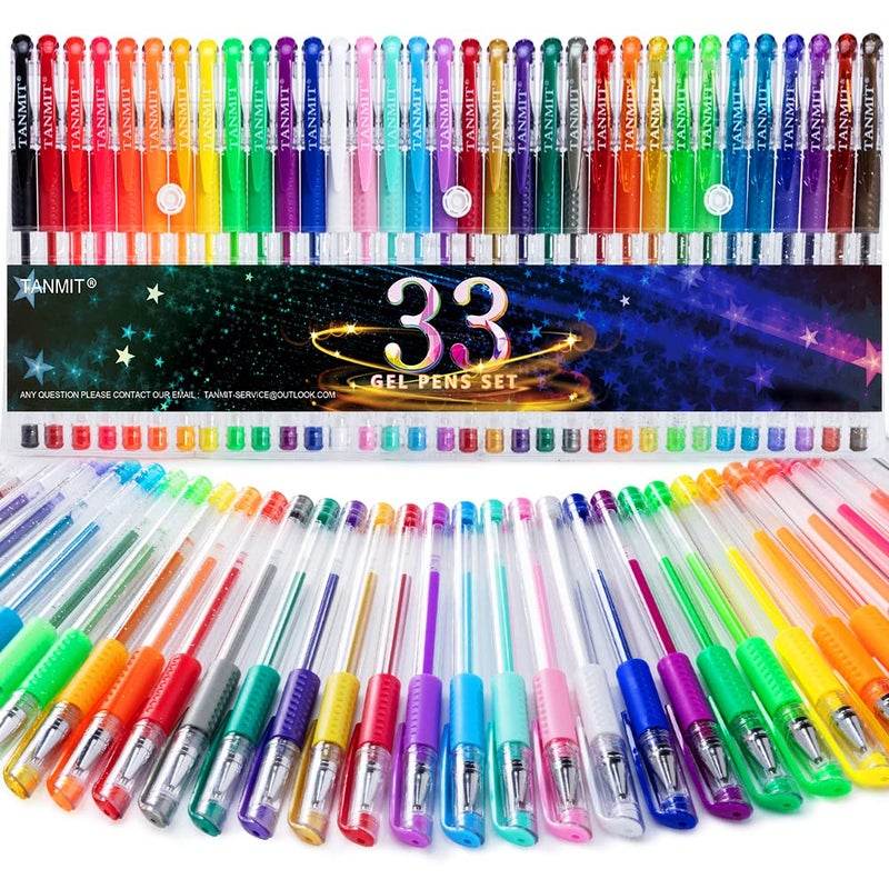 TANMIT Gel Pens, 33 Color Gel Pen Fine Point Colored Pen Set with 40% More Ink for Adult Coloring Books, Drawing, Doodling, Scrapbooks Journaling - Image 1