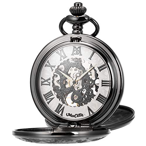 ManChDa Mechanical Roman Numerals Dial Skeleton Pocket Watches with Box and Chains for Mens Women - Image 1