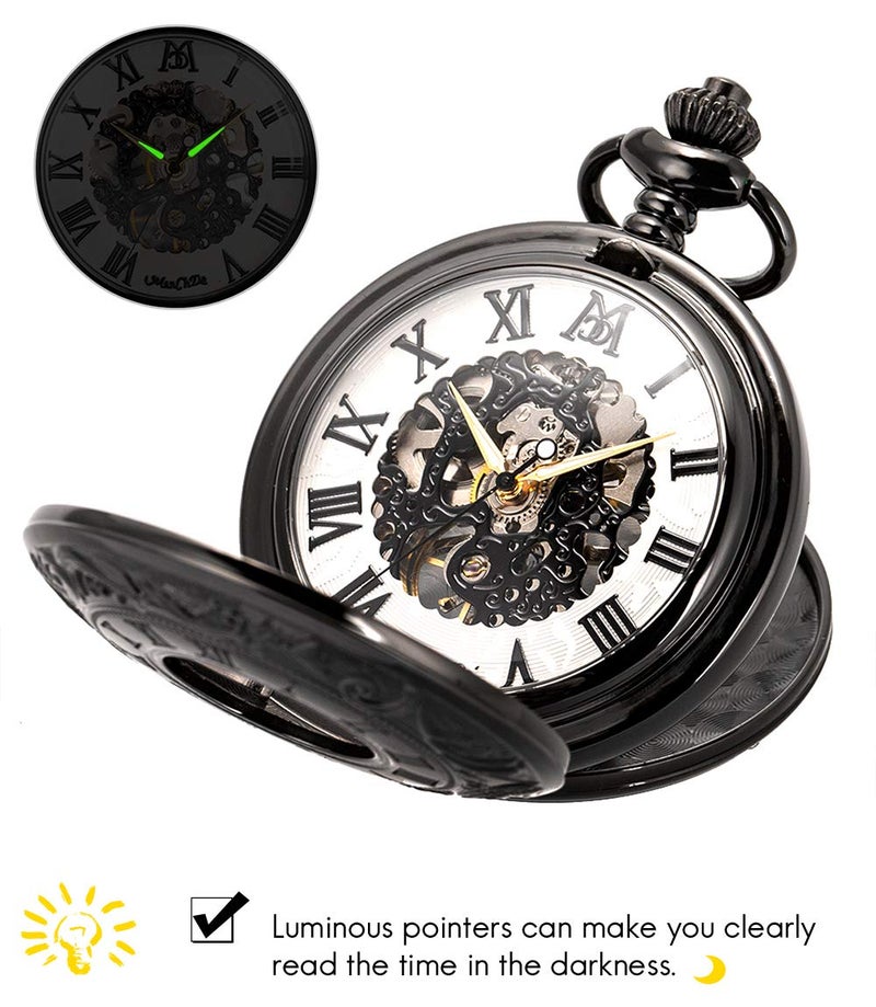 ManChDa Mechanical Roman Numerals Dial Skeleton Pocket Watches with Box and Chains for Mens Women - Image 2