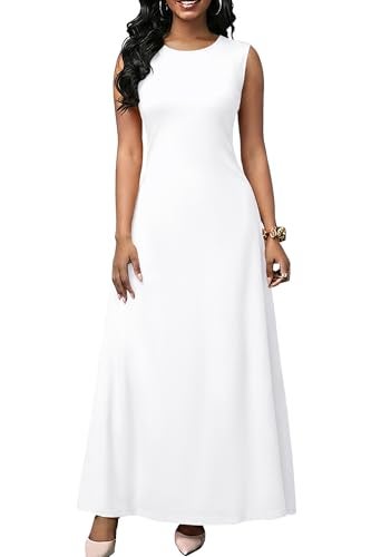 FANDEE Women's Maxi Dress Sleeveless Strap Crew Neck Dress with Pockets Pull‑On Long Casual Maxi Dress for Women White - Image 2
