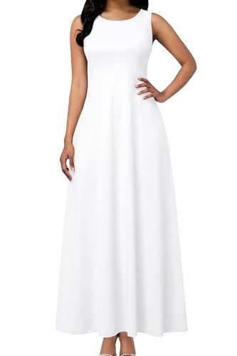 FANDEE Women's Maxi Dress Sleeveless Strap Crew Neck Dress with Pockets Pull‑On Long Casual Maxi Dress for Women White - Image 1
