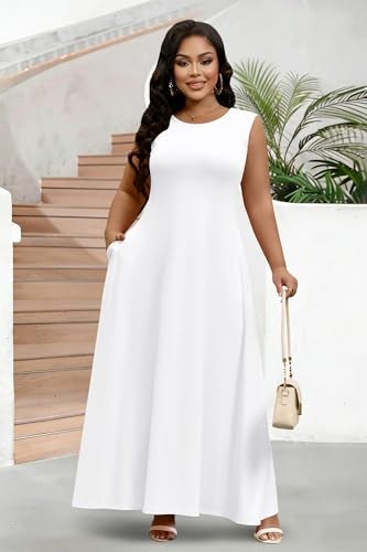 FANDEE Women's Maxi Dress Sleeveless Strap Crew Neck Dress with Pockets Pull‑On Long Casual Maxi Dress for Women White - Image 3