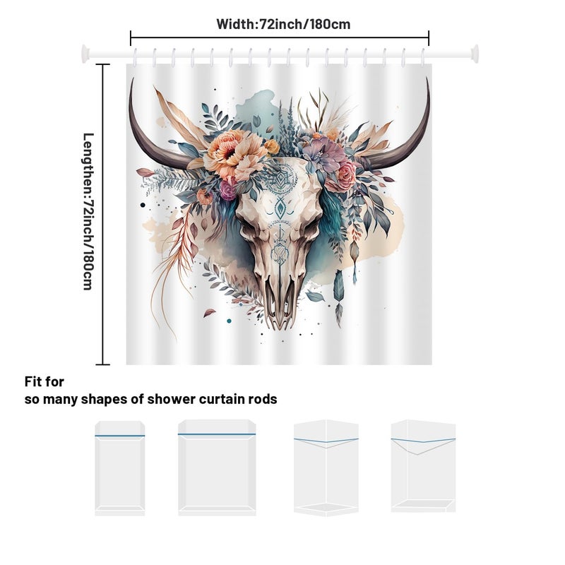 She Love Western Bull Skull Shower Curtain Retro Boho Cow Longhorn Skull Flower Head Shower Curtain with Hooks 72x72 Inch Waterproof Polyester Bathroom Curtain (Flower Bull Skull) - Image 2