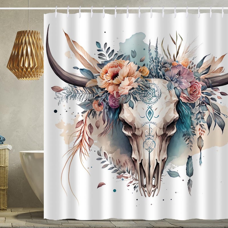 She Love Western Bull Skull Shower Curtain Retro Boho Cow Longhorn Skull Flower Head Shower Curtain with Hooks 72x72 Inch Waterproof Polyester Bathroom Curtain (Flower Bull Skull) - Image 1