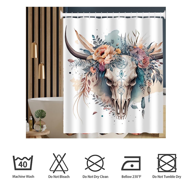 She Love Western Bull Skull Shower Curtain Retro Boho Cow Longhorn Skull Flower Head Shower Curtain with Hooks 72x72 Inch Waterproof Polyester Bathroom Curtain (Flower Bull Skull) - Image 3