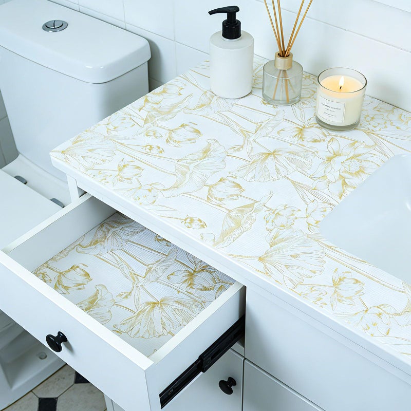 Kimhan Shelf Liners Non Adhesive Light Base Gold Lotus Pattern - Thickened Non-Slip Easy to Clean Drawer Liner for Kitchen Cabinets, Tool Box, Refrigerator, with Knife & Tape Measure, 12in x 20FT - Image 4