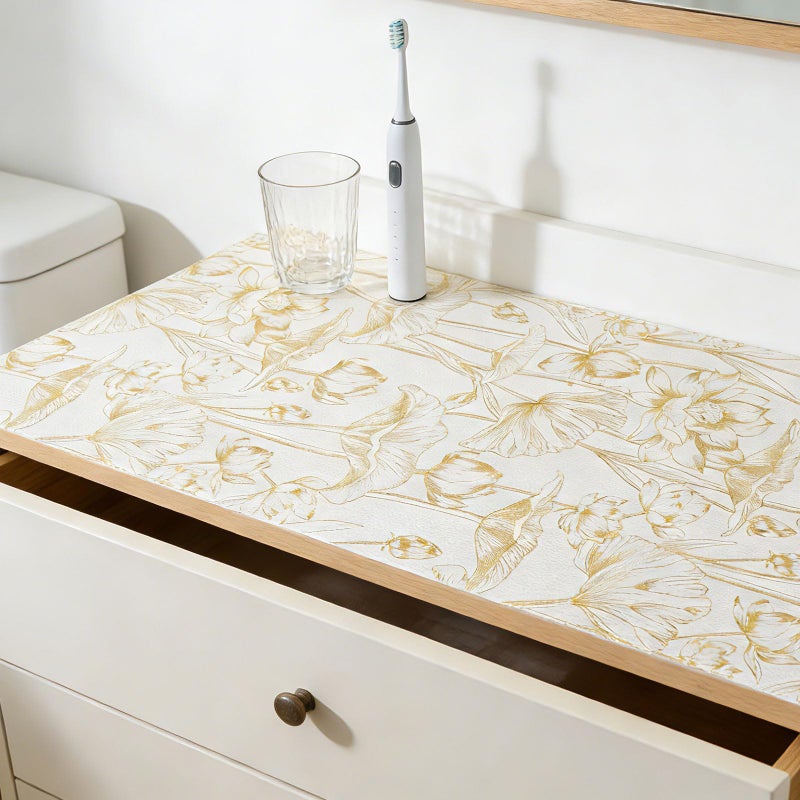 Kimhan Shelf Liners Non Adhesive Light Base Gold Lotus Pattern - Thickened Non-Slip Easy to Clean Drawer Liner for Kitchen Cabinets, Tool Box, Refrigerator, with Knife & Tape Measure, 12in x 20FT - Image 3