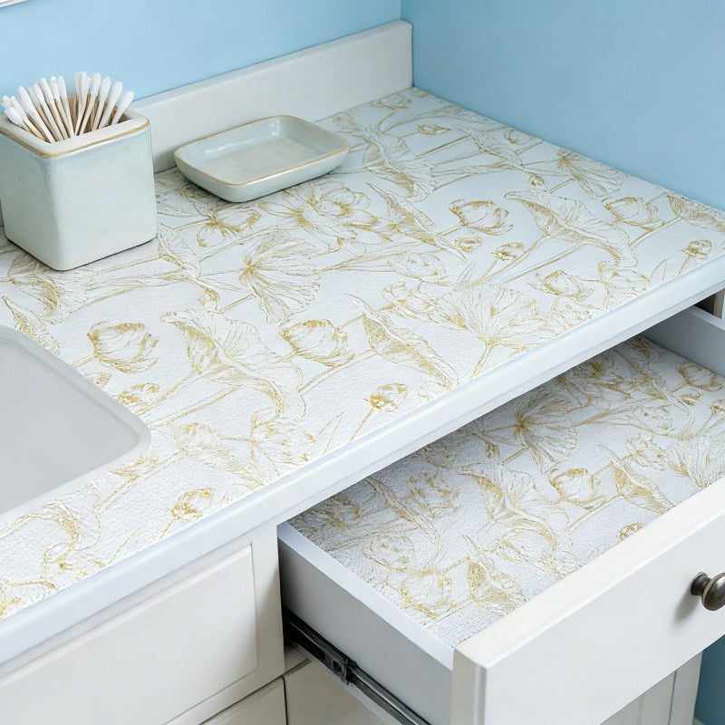 Kimhan Shelf Liners Non Adhesive Light Base Gold Lotus Pattern - Thickened Non-Slip Easy to Clean Drawer Liner for Kitchen Cabinets, Tool Box, Refrigerator, with Knife & Tape Measure, 12in x 20FT - Image 2