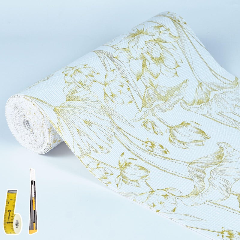Kimhan Shelf Liners Non Adhesive Light Base Gold Lotus Pattern - Thickened Non-Slip Easy to Clean Drawer Liner for Kitchen Cabinets, Tool Box, Refrigerator, with Knife & Tape Measure, 12in x 20FT - Image 1