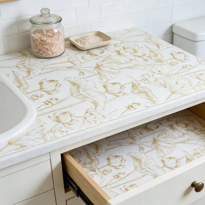 Kimhan Shelf Liners Non Adhesive Light Base Gold Lotus Pattern - Thickened Non-Slip Easy to Clean Drawer Liner for Kitchen Cabinets, Tool Box, Refrigerator, with Knife & Tape Measure, 12in x 20FT - Image 5