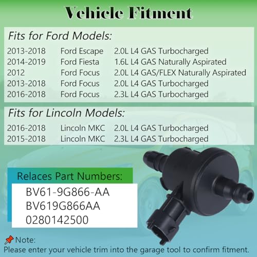 Yukrotor Vapor Canister Purge Valve BV619G866AA Compatible with 2013-2018 Ford Escape, 2014-2019 Fiesta, 2013-2018 Focus, 2015-2018 Lincoln MKC Replaces OE# 0280142500 - Image 3