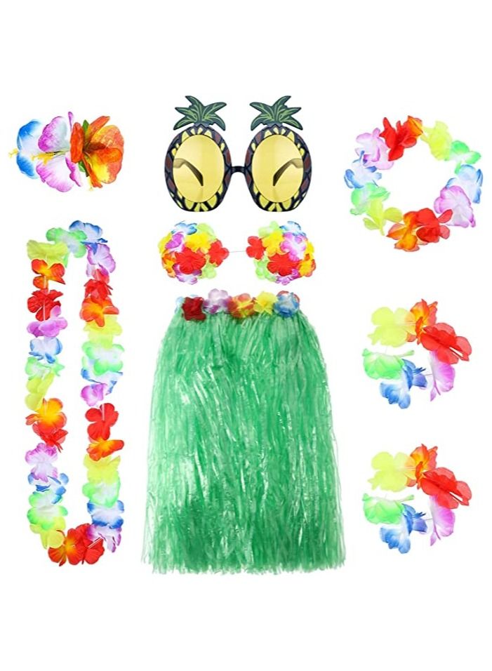 SYOSI 8 Pieces Hula Skirt Costume Kit Hawaiian Leis Grass with Flowers Bikini Top Bracelets Necklace Hair Clip Pineapple Sunglasses for and Beach Party  - Image 1