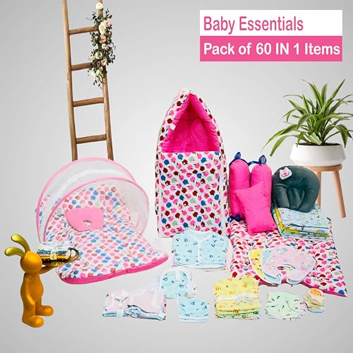 Infantbond 60 in 1 Summer Season New Born Baby Complete Daily Items Combo | Baby Gift Set (0-6 Months) (Pink Moon) - Image 2